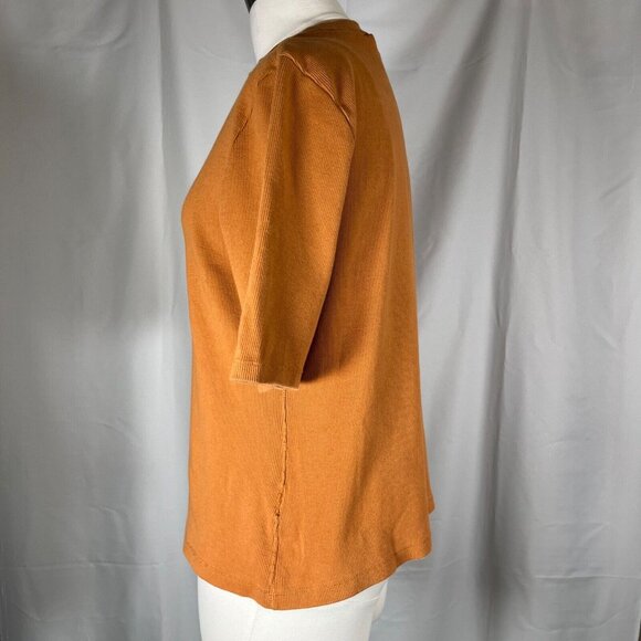 MAEVE Anthropologie Ribbed Shirt Short Sleeve Sweater Women Sz Large Camel Brown - Picture 7 of 11